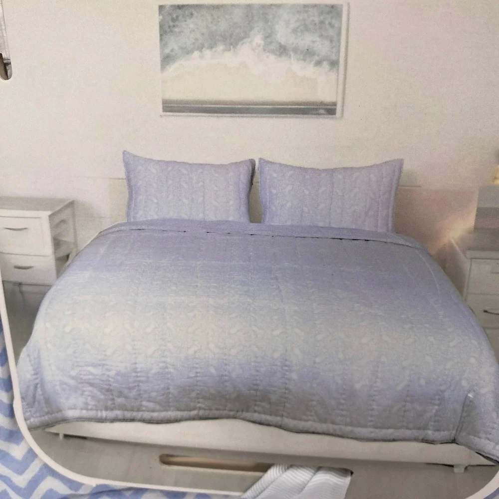 Sigrid Olsen Home Reversible Quilt Full/Queen Blue Chevron Block Print Cotton